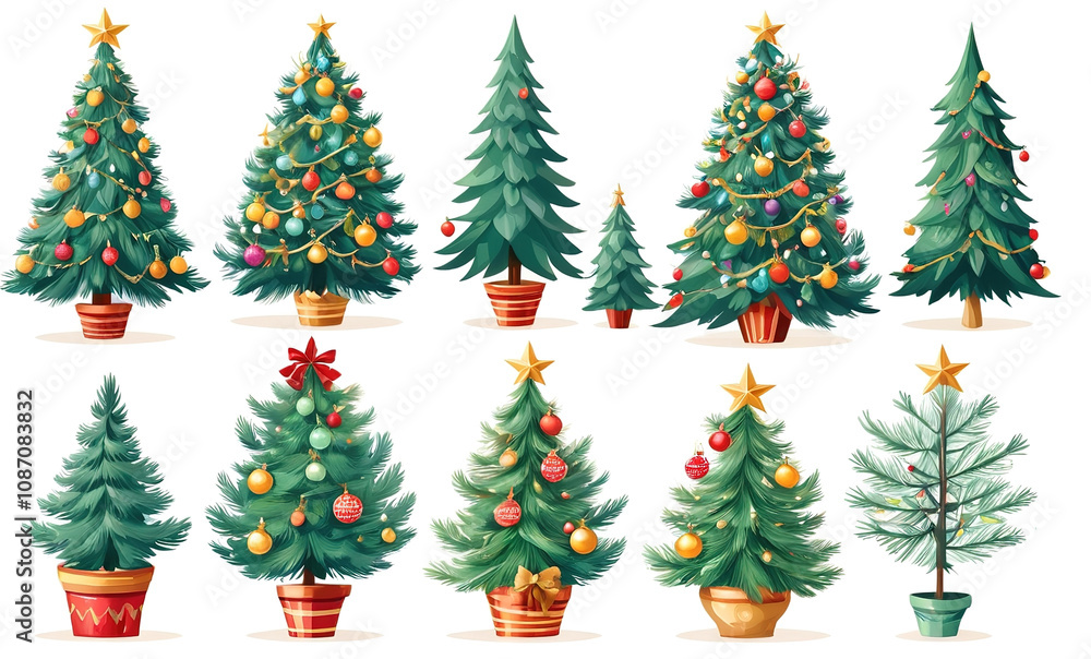 Charming set of holiday fir trees in pots with festive decor, vector art isolated on a white background. Charming set of holiday fir trees in pots with festive decor, vector art isolated on a white background.