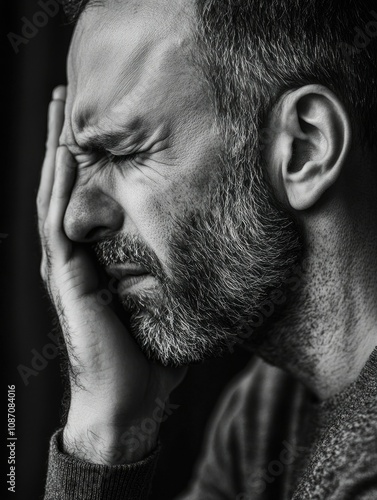 Man with hand on head, pensive or possibly experiencing pain. photo