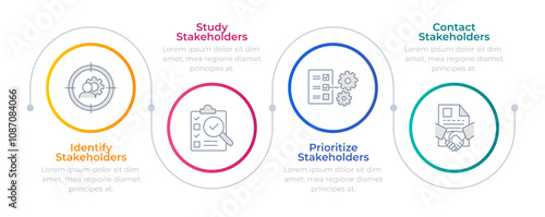 Stakeholders control infographic circles. Share holder, prioritization. Business documentation. Editable thin line icons diagram process with 4 steps. Montserrat-SemiBold, Regular fonts used