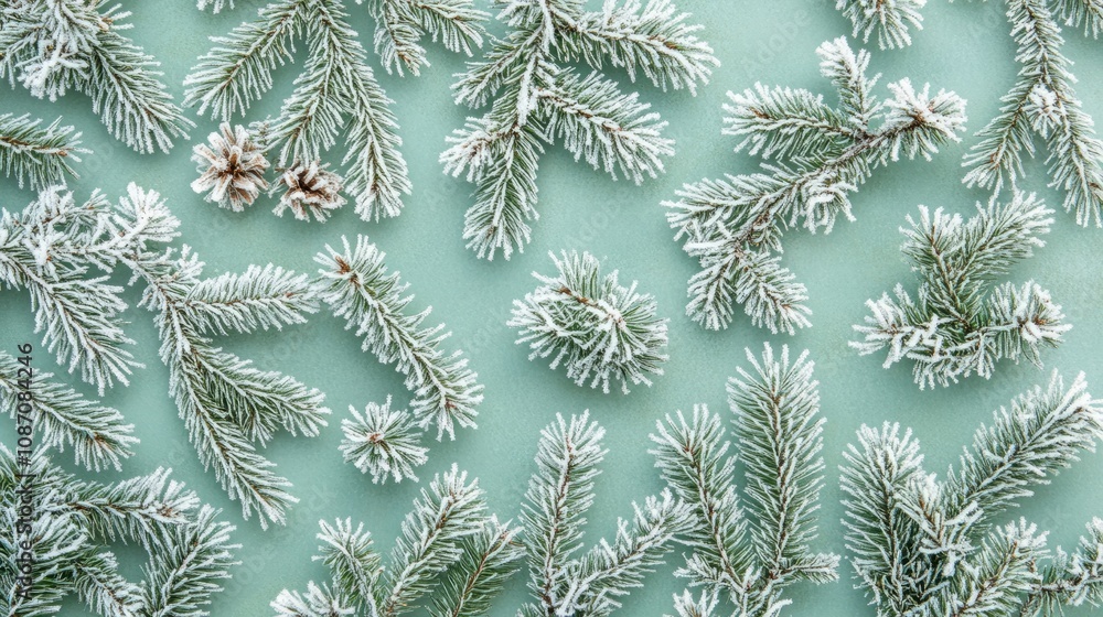 christmas frame with green snowy pine branch against green background christmas frame with green snowy pine branch against green background