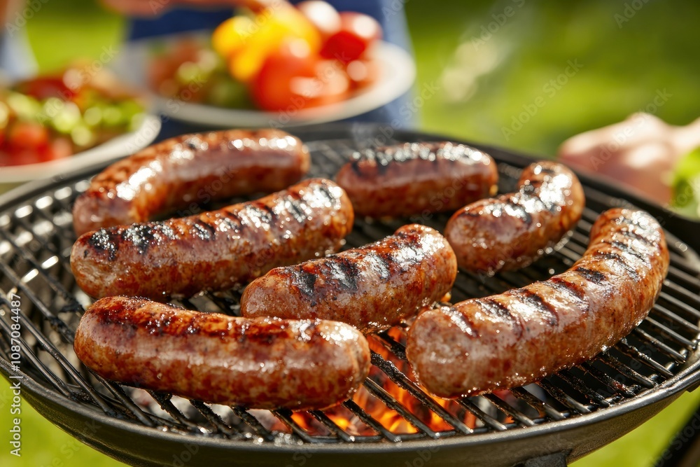 Grilled Sausages on Barbecue Grill in Summer Grilled Sausages on Barbecue Grill in Summer