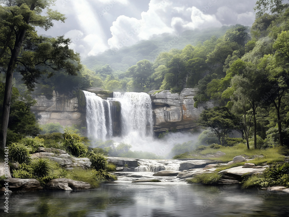 Fototapeta premium Lush Tropical Waterfall Surrounded by Greenery and Mist – A Hidden Oasis of Peace
