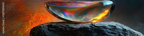 Opalescent Oblong: A large, iridescent glass vase sitting atop a weathered stone pedestal, catching the light and displaying a mesmerizing array of colors. photo