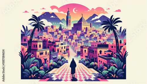 Cinematic illustration of a mysterious journey through the colorful streets of a Moroccan medina, capturing vibrant cultural elements under a mesmerizing double exposure sunset.
