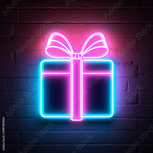 Neon gift box sign on brick wall.