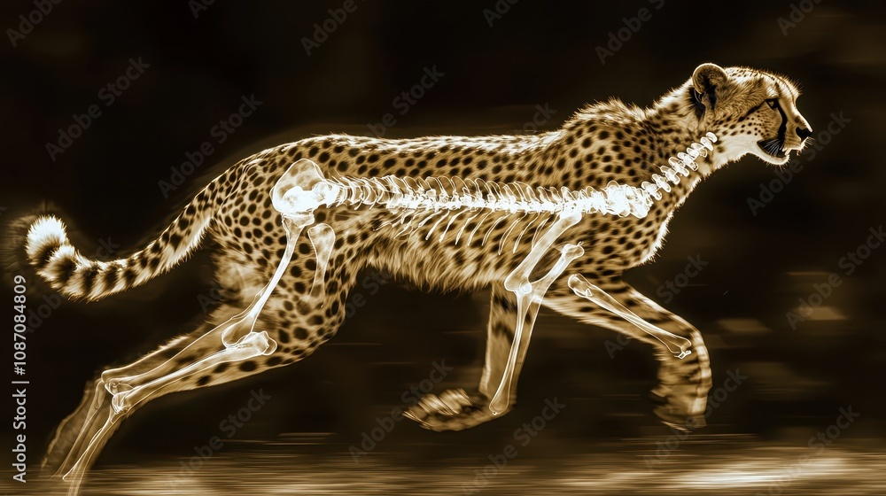 Anatomical Illustration of a Cheetah in Motion, Showcasing a Unique X-Ray Perspective of Bone Structure and Musculature in a Dynamic Running Position Anatomical Illustration of a Cheetah in Motion, Showcasing a Unique X-Ray Perspective of Bone Structure and Musculature in a Dynamic Running Position
