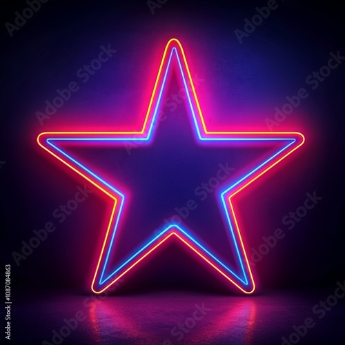 Neon star sign glowing in dark.