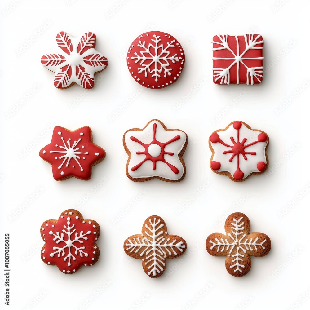 Nine red and white snowflake gingerbread cookies on white background. Nine red and white snowflake gingerbread cookies on white background.