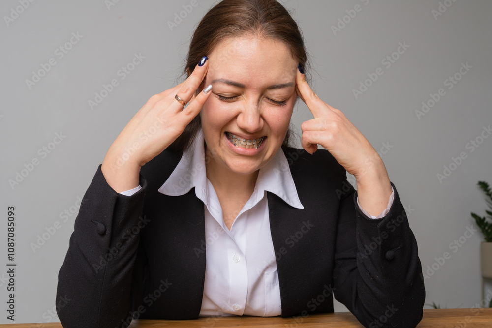 Young businesswoman with braces looks at her laptop screen. Young businesswoman with braces looks at her laptop screen.