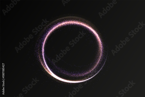 Gold circle with with glittering dust and shimmery particles. Light green Twirl. Curve light effect of pink line. Luminous gold circle. 