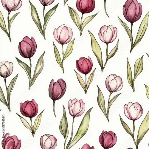 Elegant Floral Blossom Pattern with Hand-Drawn Watercolor Tulips