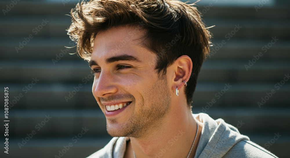 A smiling man wearing a small hoop earring for lifestyle and having short hair A smiling man wearing a small hoop earring for lifestyle and having short hair