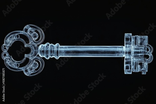 Transparent Key Illustration on Black Background Highlighting Intricate Designs, Symbolizing Unlocking Potential, Opportunities, and Hidden Secrets in Life and Business photo