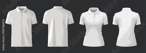 Female and male white polo t-shirt template mockup set. Front and back view. Casual and formal sports wear. Fashion clothing uniform with short sleeves collar round neck. Cartoon style vector