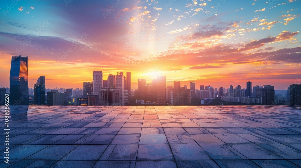 Empty square floor with city skyline background, City skyline with bustling cultural bazaar, vibrant urban scene Empty square floor with city skyline background, City skyline with bustling cultural bazaar, vibrant urban scene