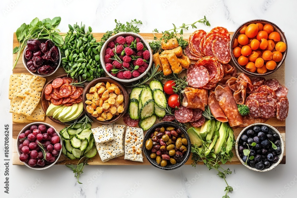 Fototapeta premium A vibrant spread of assorted fruits, meats, and crackers on a wooden platter.