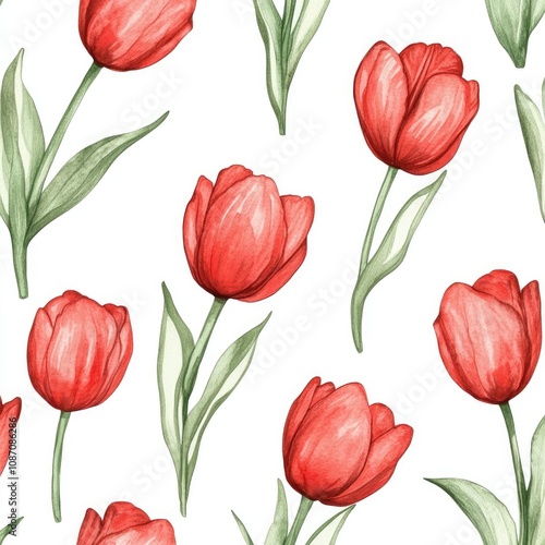 Wallpaper Mural Hand-drawn Spring Floral Seamless Pattern with Red Tulips on White Background Torontodigital.ca