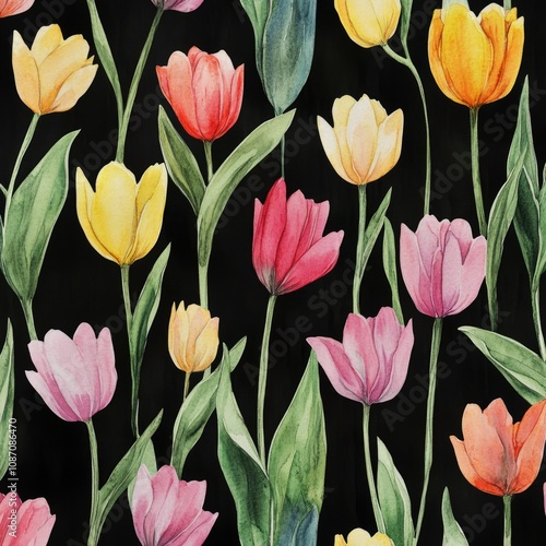 Hand-drawn Watercolor Floral Pattern with Spring Tulips on Black Background