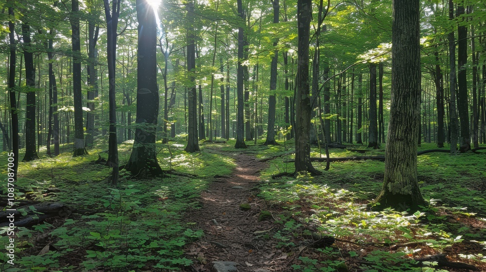 Fototapeta premium A serene pathway winds through a dense, sunlit forest filled with lush green foliage, casting gentle shadows and creating a tranquil ambiance