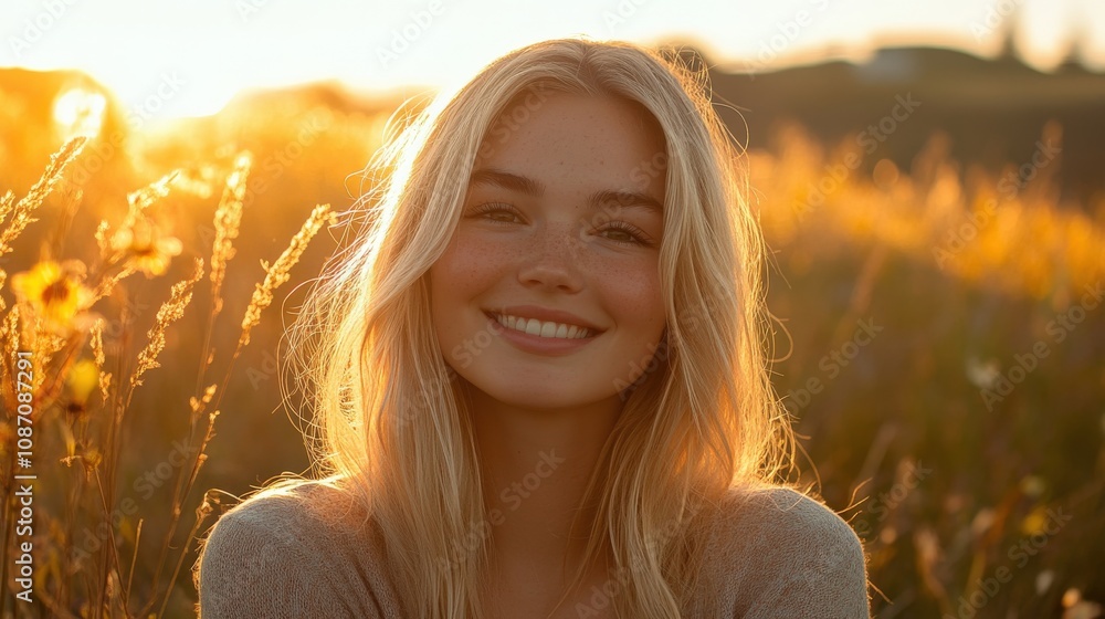 A Young Woman with Blonde Hair Smiles at Sunset in a Field A Young Woman with Blonde Hair Smiles at Sunset in a Field