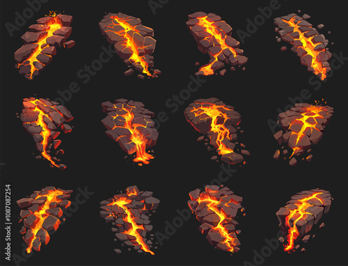 Fire ground crack set. Volcano land surface breaks with hot magma lava. Flame fracture shapes branches. Natural destruction and demolition. earthquake fissures. Cartoon style isolated vector clipart