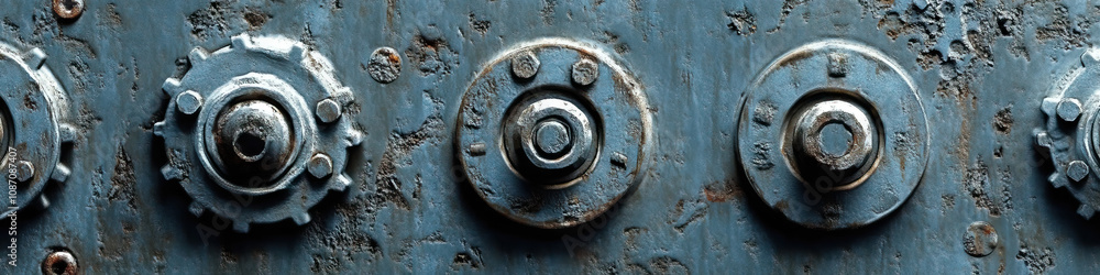 Rivets, bolts and gears in varying sizes and shapes create a striking textural pattern on a metal surface. Rivets, bolts and gears in varying sizes and shapes create a striking textural pattern on a metal surface.