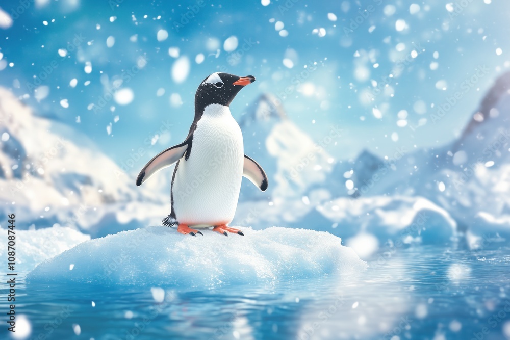 Obraz premium Cute 3D rendering penguin with fluffy feathers standing on ice floe in Antarctic with snow falling around it. Majestic mountains and snowy landscapes of Antarctica on the background, copy space. 