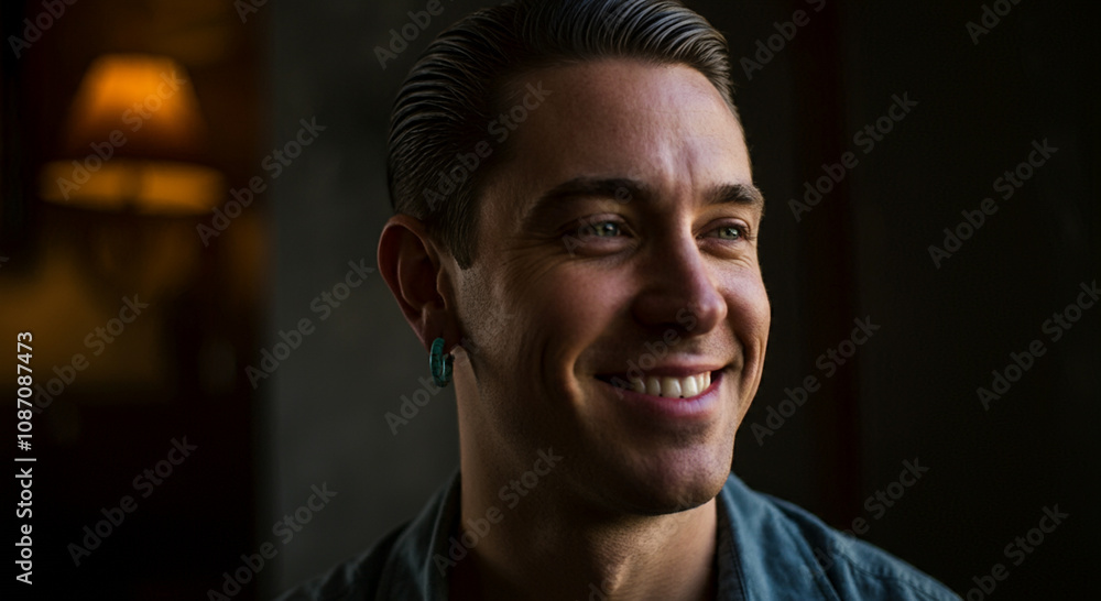 Obraz premium A smiling man wearing a small hoop earring for lifestyle and having short hair