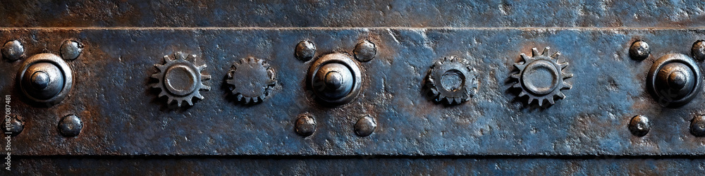 Rivets, bolts and gears in varying sizes and shapes create a striking textural pattern on a metal surface. Rivets, bolts and gears in varying sizes and shapes create a striking textural pattern on a metal surface.
