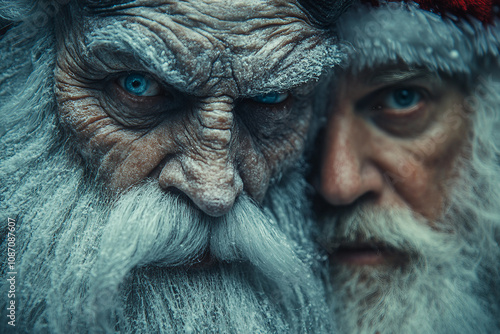 Generative AI depiction of evil horror Santa Claus and his sinister alter ego in a dark Christmas theme