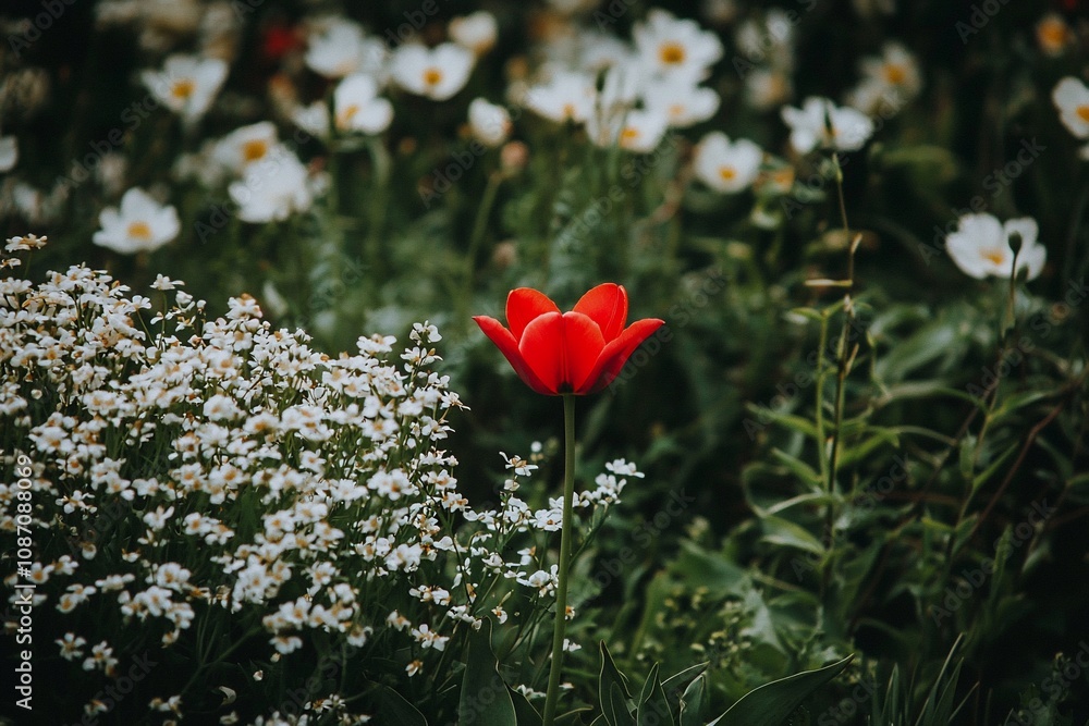 Vibrant Red Tulip Amidst Delicate White Flowers in a Lush Garden Vibrant Red Tulip Amidst Delicate White Flowers in a Lush Garden