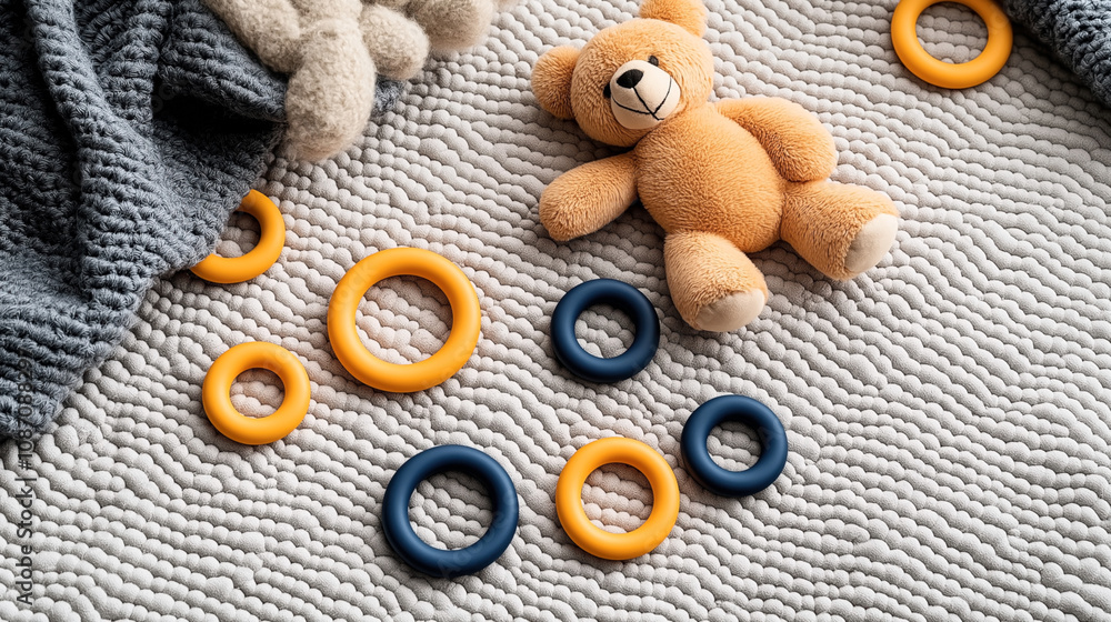Teddy bear surrounded by colorful toy rings on a textured gray surface with a cozy knitted blanket partially visible in the scene. Teddy bear surrounded by colorful toy rings on a textured gray surface with a cozy knitted blanket partially visible in the scene.