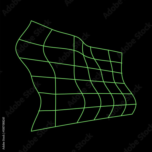 Y2K vector rave psychedelic futuristic object curved grid in trendy neon green black style. Surreal retro abstract geometric wireframe shapes, crypto or cyberpunk elements and perspective grid symbol.