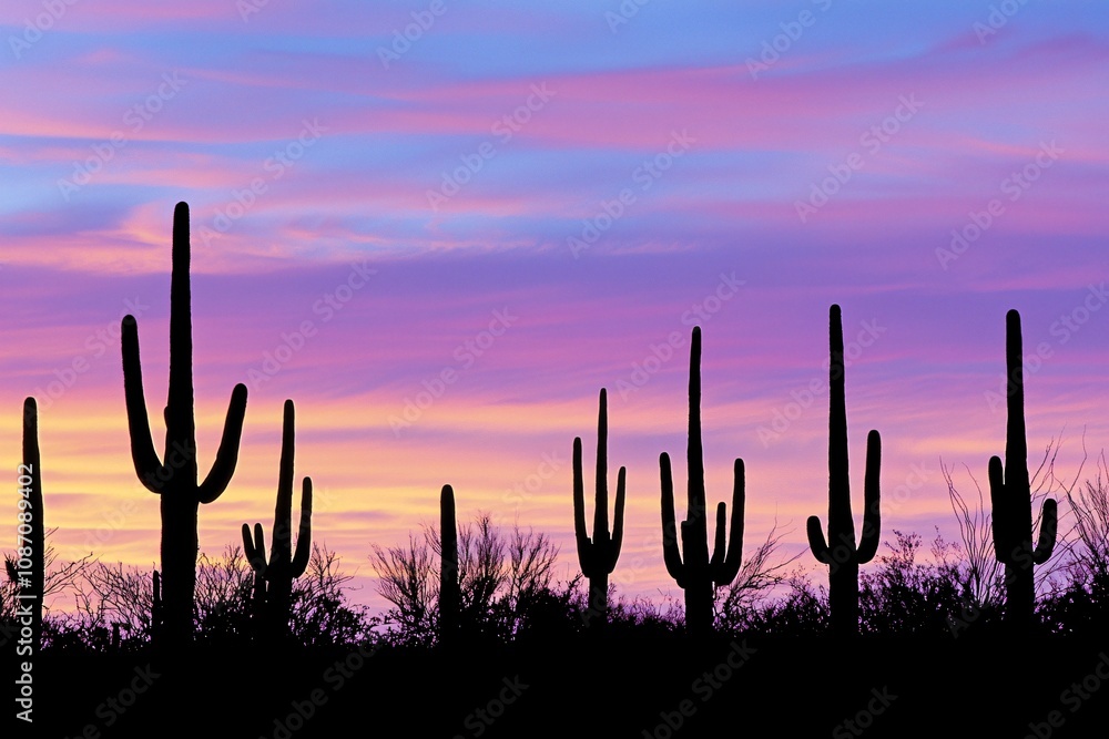 Silhouetted Cacti Against a Colorful Sunset Sky Silhouetted Cacti Against a Colorful Sunset Sky