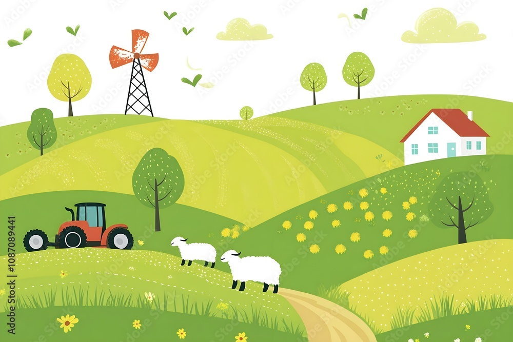 Beautiful landscape vector illustration of mountains, forests, fields and meadows. Stunning panoramic farm landscape with mountains in the background. Natural landscape Beautiful landscape vector illustration of mountains, forests, fields and meadows. Stunning panoramic farm landscape with mountains in the background. Natural landscape