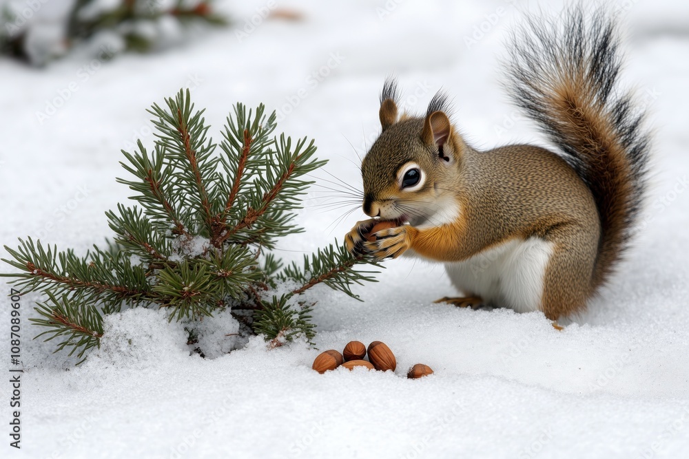 Cute little squirrel, eating pine nuts on the snow-covered ground next to an branch of evergreen tree, a winter scene. Cute little squirrel, eating pine nuts on the snow-covered ground next to an branch of evergreen tree, a winter scene.