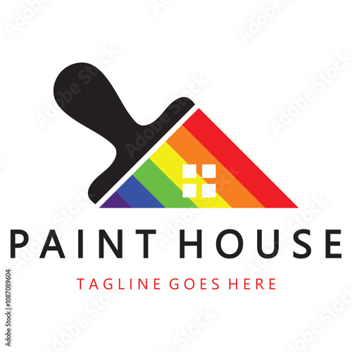 logo icon illustration house paint with a blend of brushes and rollers for house wall paint design, minimalist house, painting, interior, building, property business, wallpaper, vector concept