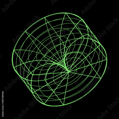 Y2K vector rave psychedelic futuristic cylinder object with complex frame in trendy neon green black style. Surreal retro abstract geometric wireframe shapes, crypto or cyberpunk elements and perspect