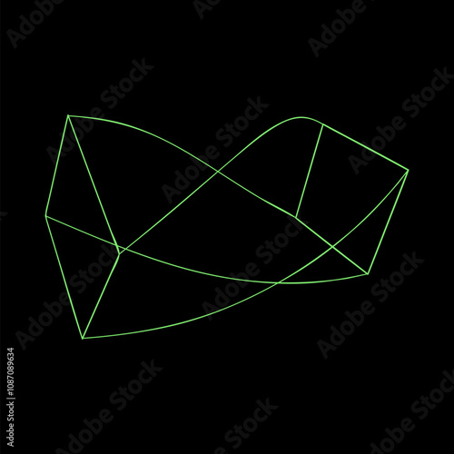 Y2K vector rave psychedelic futuristic twisted polygonal object in trendy neon green black style. Surreal retro abstract geometric wireframe shapes, crypto or cyberpunk elements and perspective grid s