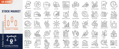 Stock Market Editable Stroke Line Icon set. Containing stock, stock exchange, financial goal, investment, market analysis, market growth icons. Vector Illustration