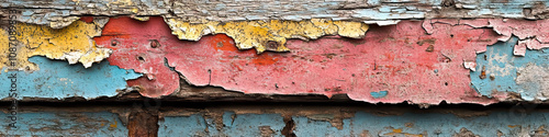 The weathered texture of old wood grain, peeling paint and exposed metal create an industrial-inspired composition.