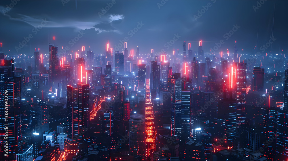 Neon-lit futuristic cityscape at night, digitally rendered, glowing red lines illuminate skyscrapers, creating a vibrant, abstract urban background. Neon-lit futuristic cityscape at night, digitally rendered, glowing red lines illuminate skyscrapers, creating a vibrant, abstract urban background.