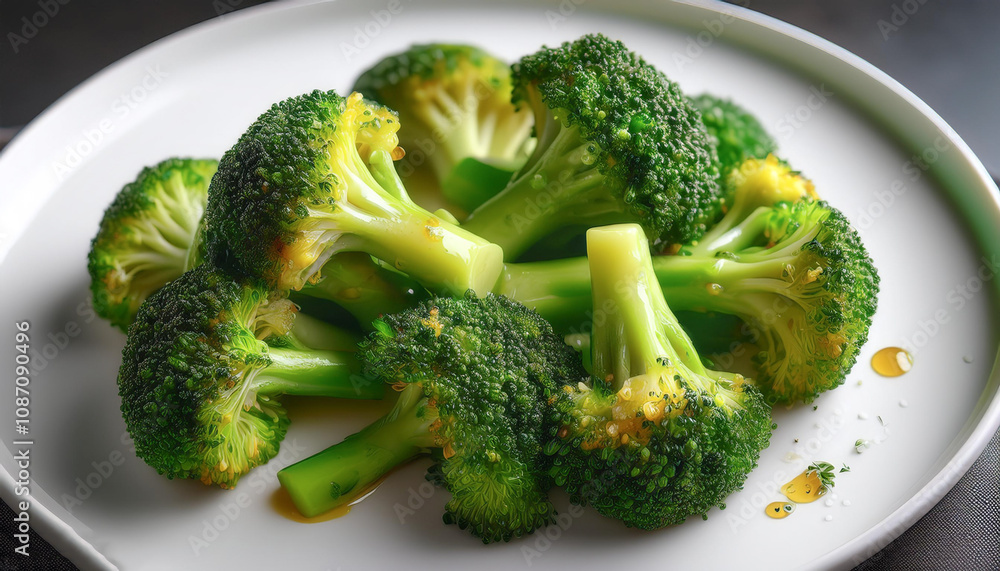 Steamed broccoli on a white plate with a few drops of melted butter Steamed broccoli on a white plate with a few drops of melted butter