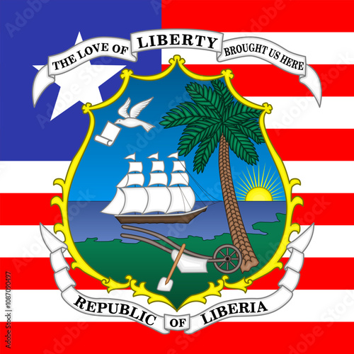 Liberia, official national coat of arms on the flag, african country, vector illustration