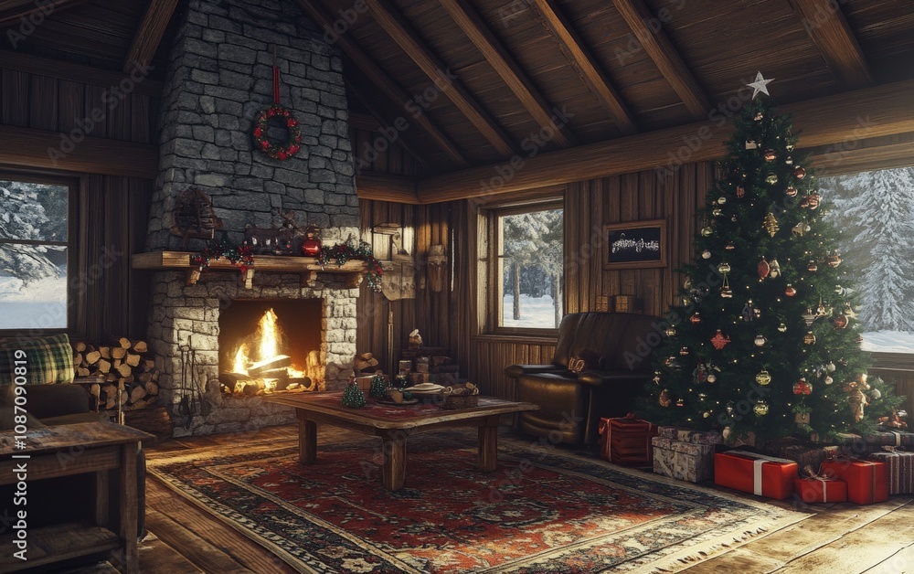 Rustic Holiday Charm: A warm wooden cabin interior with a roaring stone fireplace, a traditional Christmas tree with handmade ornaments, and a large rug under a festive coffee table. Rustic Holiday Charm: A warm wooden cabin interior with a roaring stone fireplace, a traditional Christmas tree with handmade ornaments, and a large rug under a festive coffee table.