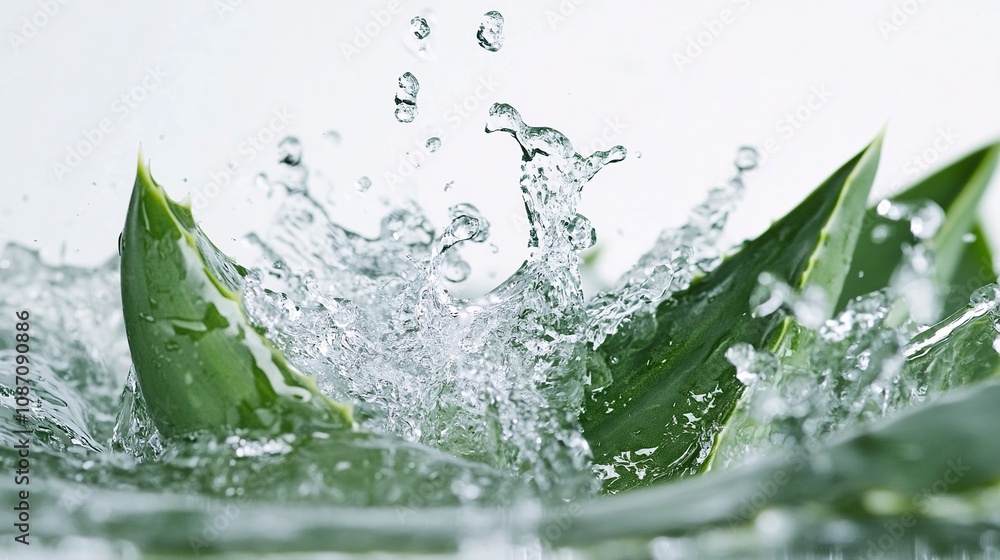 Close-up image capturing the dynamic splash of water on lush aloe vera leaves with a clean white background enhancing its freshness with a text space,generative ai Close-up image capturing the dynamic splash of water on lush aloe vera leaves with a clean white background enhancing its freshness with a text space,generative ai