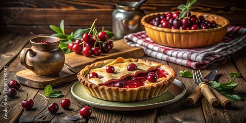 Low Light Photography of a Freshly Baked Cherry Pie with a Flaky Crust, Highlighting the Juicy Cherry Filling and Golden Brown Crust, Perfect for Dessert Lovers and Food Photography Enthusiasts