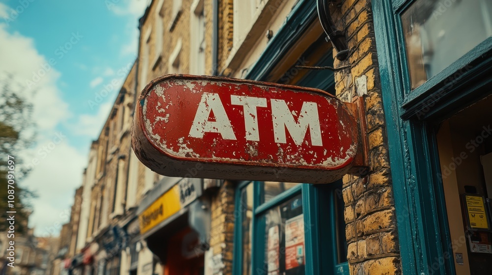 A weathered red ATM sign mounted on a brick wall in a bustling urban setting with shops and buildings lining the street under a partly cloudy sky A weathered red ATM sign mounted on a brick wall in a bustling urban setting with shops and buildings lining the street under a partly cloudy sky