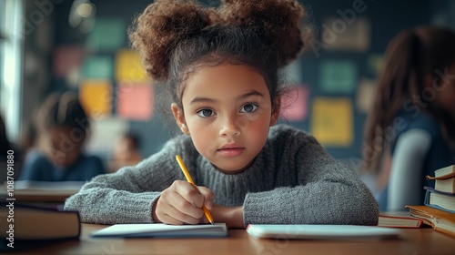 Young girl with curly hair writing in a notebook with a pencil