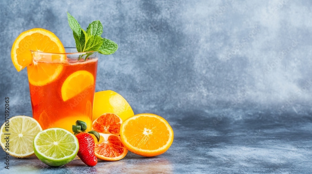 Fototapeta premium Vibrant Citrus Beverage with Fresh Fruit and Mint on Rustic Wooden Table